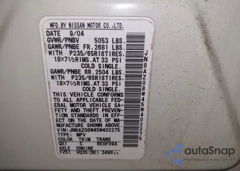 2005 Nissan Murano Sl z USA, uszkodzony, nr VIN JN8AZ08W45W402275